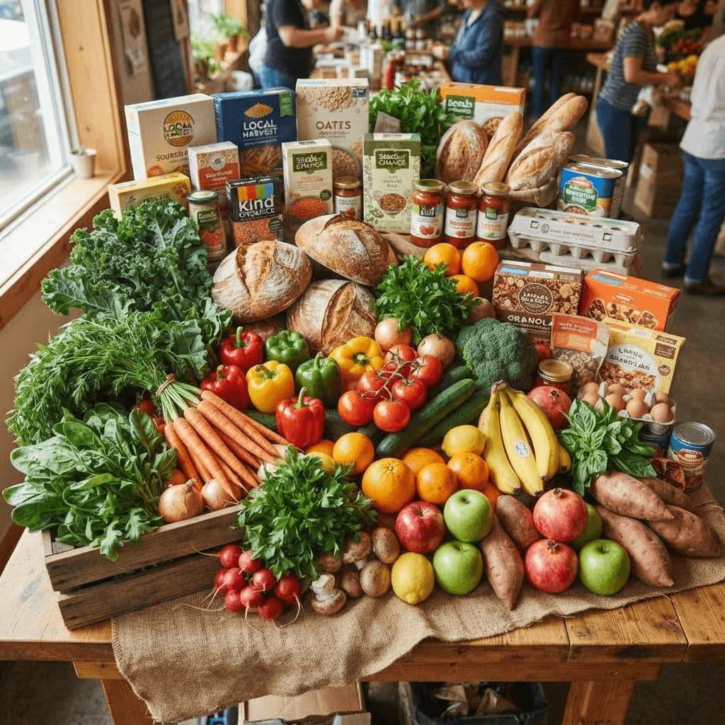An abundant pile of fresh rescued food — vegetables, fruits, bread, and grocery goods